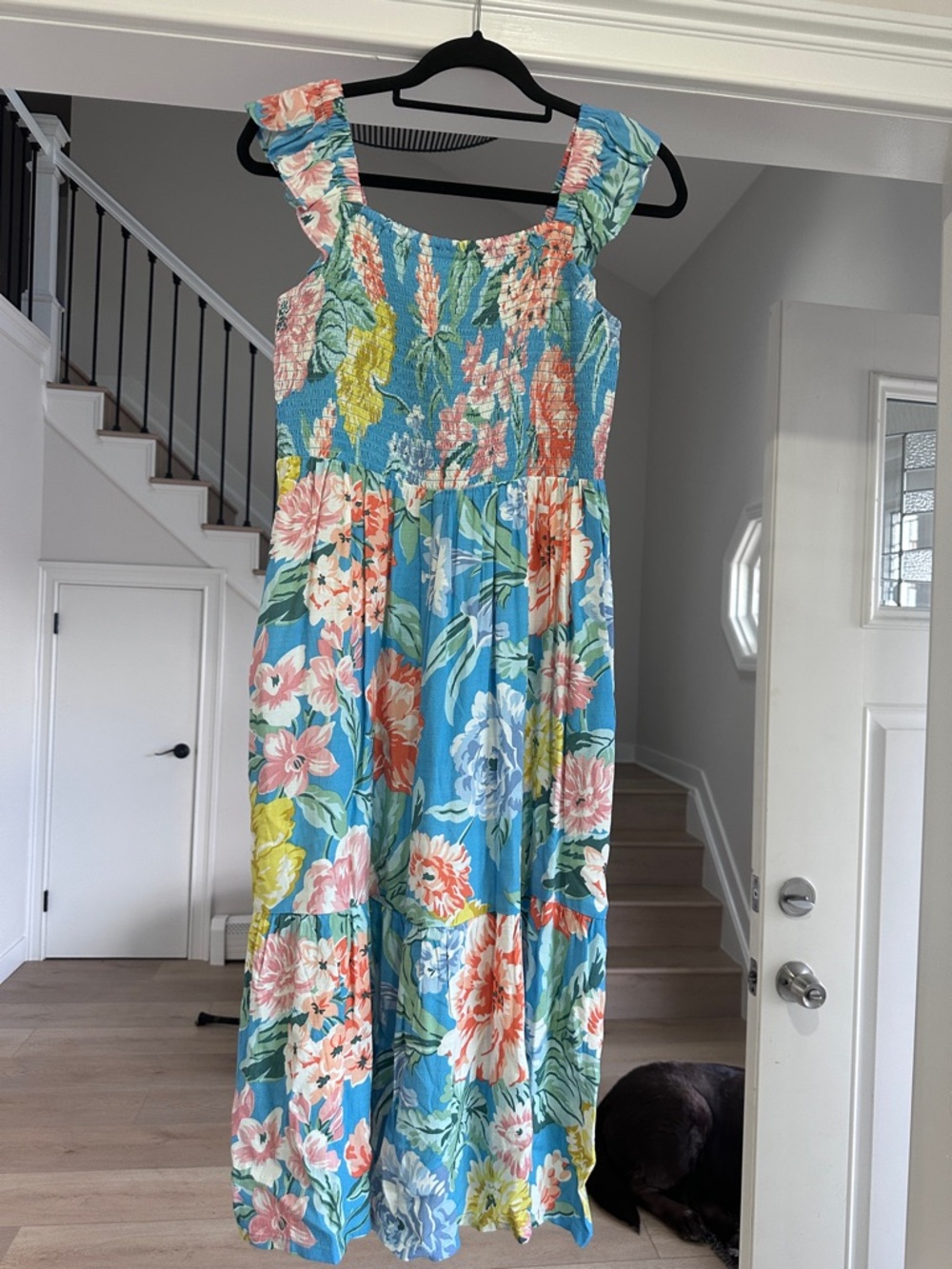 LOFT Blue Floral Smocked Sundress with Pink and Yellow Accents
